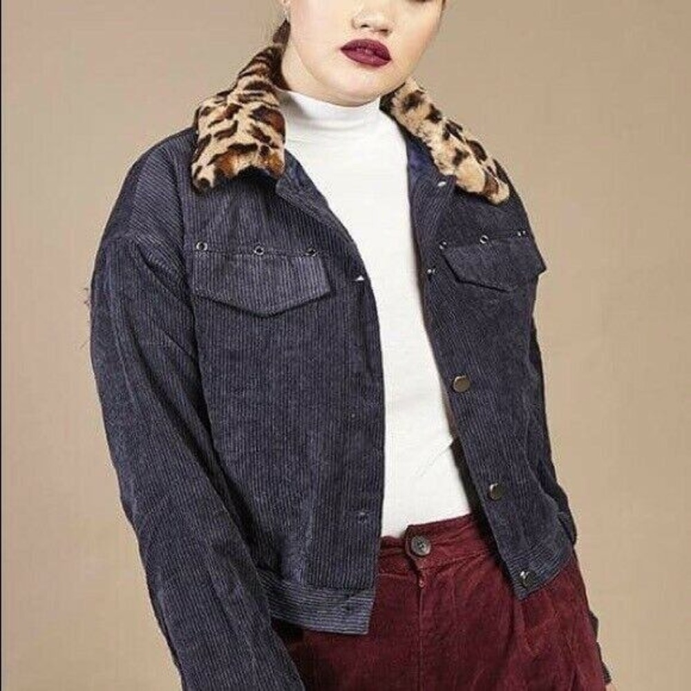 Mob Wife Corduroy Navy Blue Leopard Faux Fur Collar Trucker Jacket Womens M